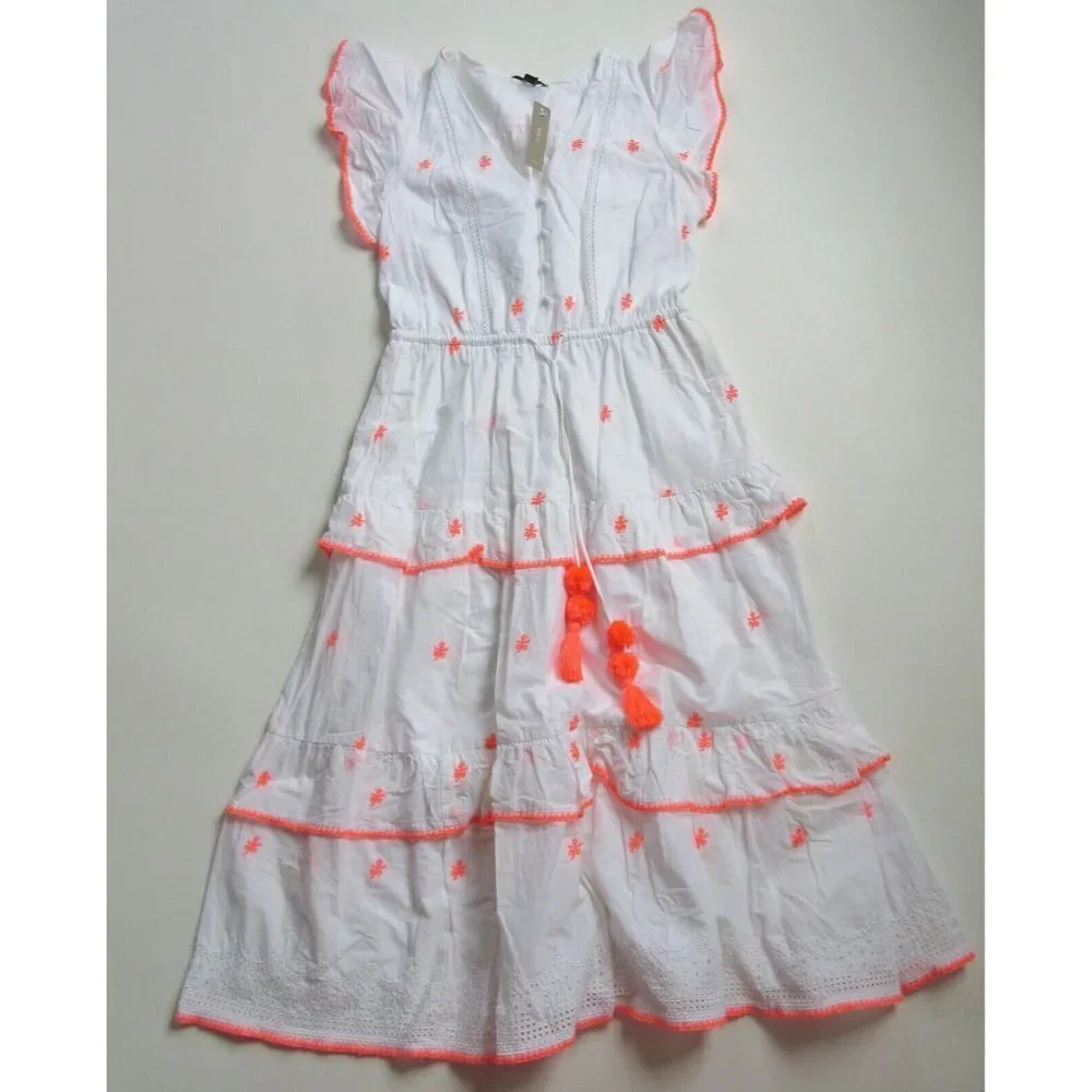 NWT J.Crew Embroidered Midi in White Cotton Voile Tiered Dress 10 $158